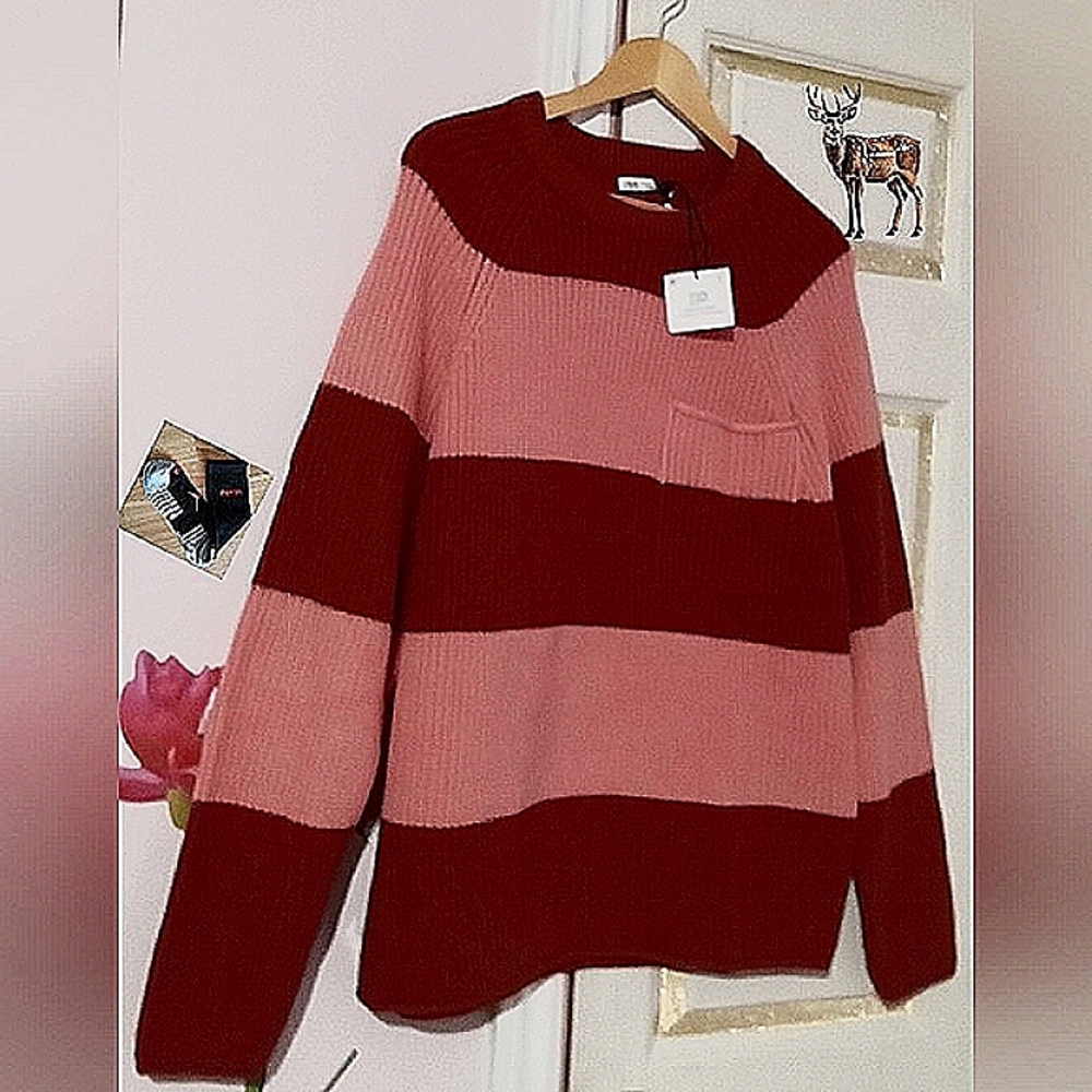 ZARA🫎Textured Red&Coral Stripes Wool Blend Knit Sweater with Pocket Sz: M